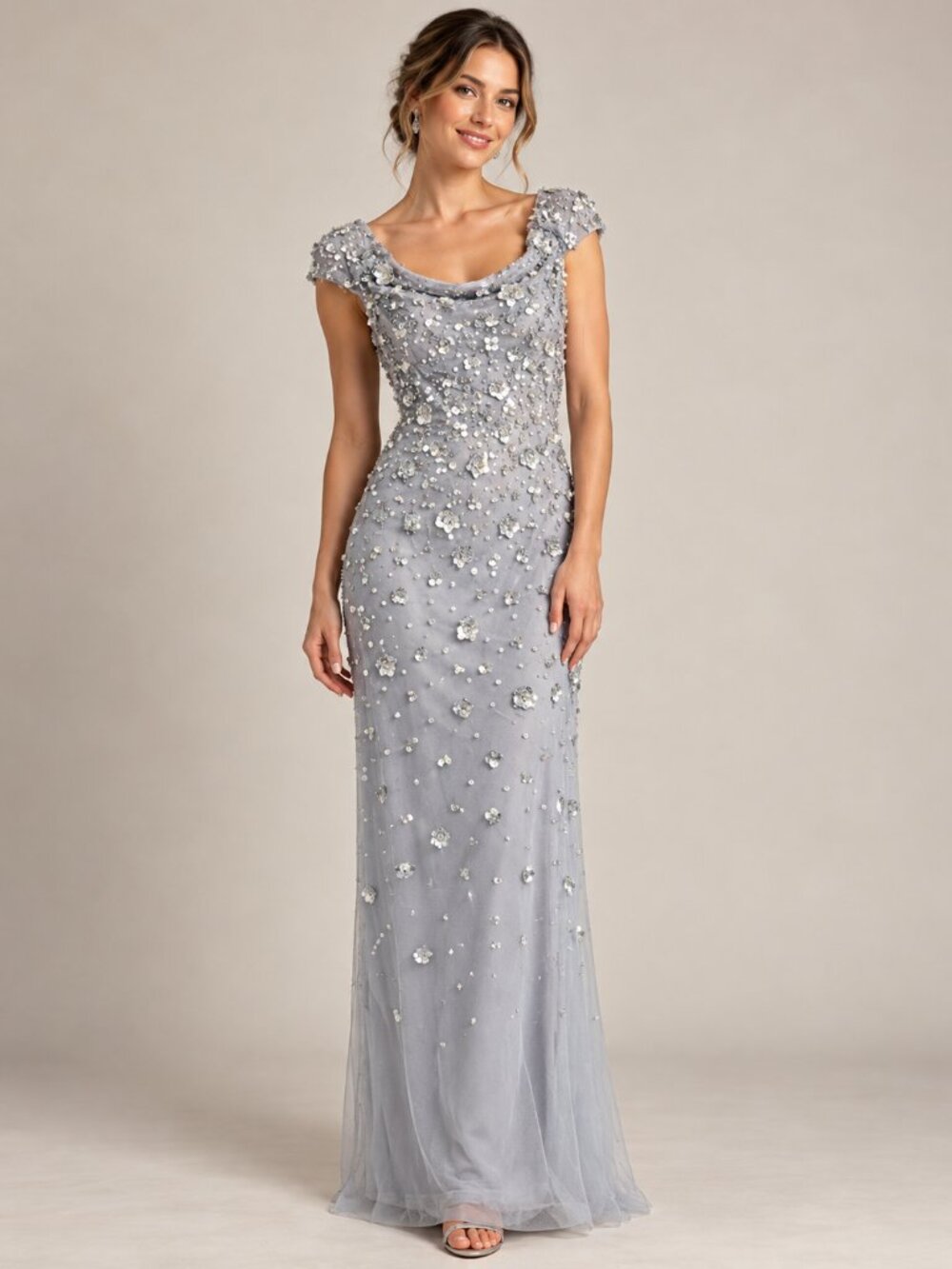 Adrianna Papell Sequin Silver Gown